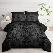 Flymme Skull Comforter Set Queen Size Black,3 Pieces Gothic Skull Damask Bedding Sets for Teens Men Bedroom Decor All Season