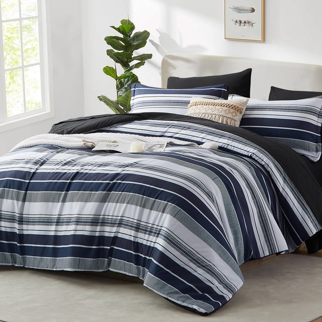 Flymme Striped Comforter Set Queen Size 7 Piece Bed in a Bag Blue Gray Patchwork Striped Comforter and Sheet Set Soft Microfiber Complete Bedding Set