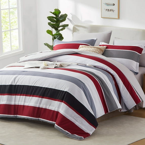 Flymme Striped Comforter Set Queen Size 7 Piece Bed in a Bag Red Black Patchwork Striped Comforter and Sheet Set Soft Microfiber Complete Bedding Set