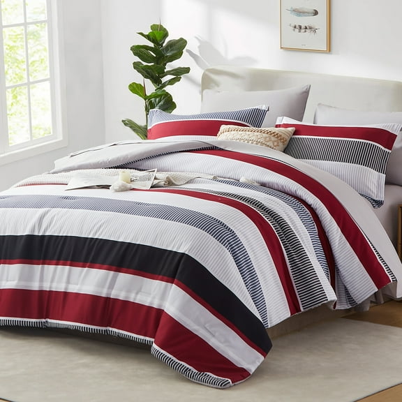 Flymme Striped Comforter Set Queen Size 7 Piece Bed in a Bag Red Black Patchwork Striped Comforter and Sheet Set Soft Microfiber Complete Bedding Set