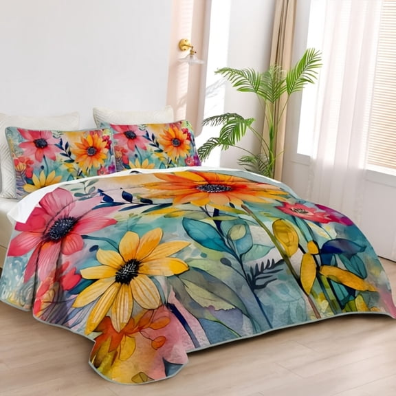 Flymme Sunflower Quilts for Queen Bed,3 Pieces Watercolor Floral Bedspread Coverlet Set Microfiber Lightweight Flowers Bedding Sets with Pillow Sham