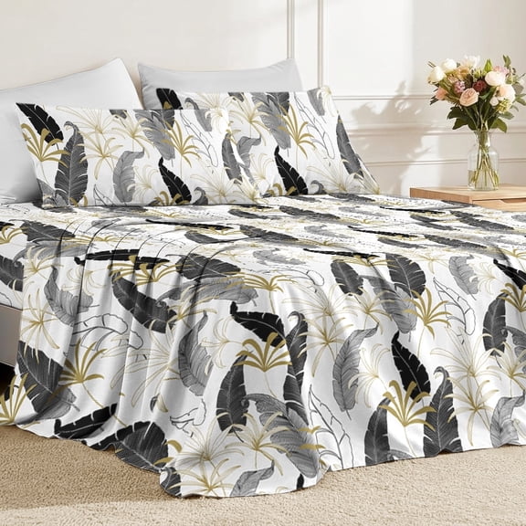 Flymme Tropical Floral Sheet Set Twin Size,3 Piece Botanical Pattern Bed Sheets, Soft and Breathable Microfiber, Includes 1 Fitted Sheet, 1 Flat Sheet and 1 Pillowcases