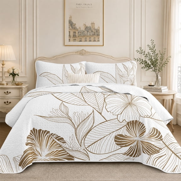 Flymme Tropical Plants Quilt Set Queen Size 3 Pieces,Gold Leaves Printed Reversible Bedspreads Bedding Sets,Soft and Lightweight Bed Coverlet for All Season