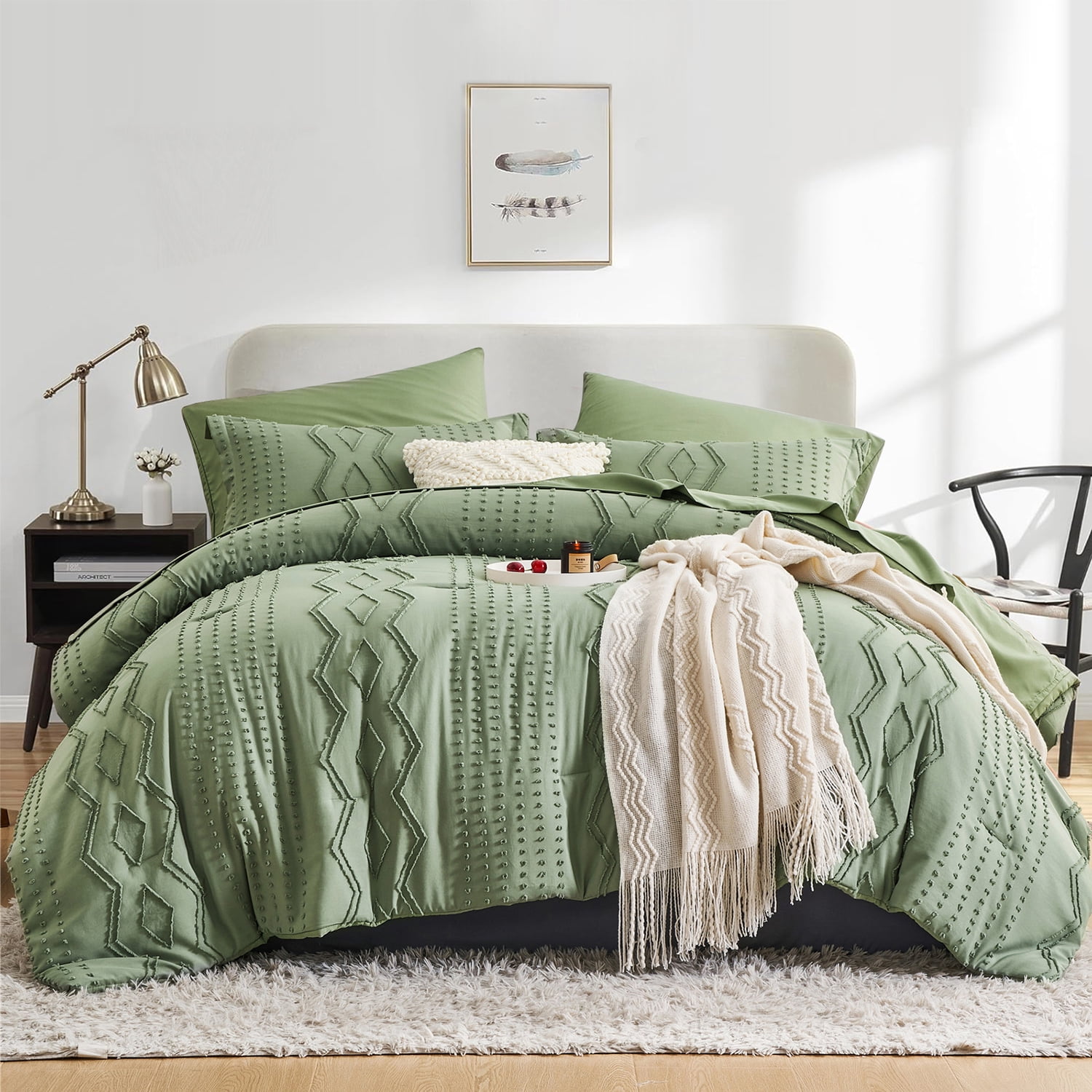 Flymme Tufted Boho Comforter Set with Sheet,7 Pieces Sage Green Queen ...