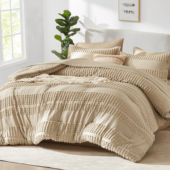 Flymme Tufted Comforter Set King Size Khaki, 7 Piece Bed in a Bag Shabby Chic Boho Comforter with Sheet Sets Soft Microfiber King Bed Set for All Season