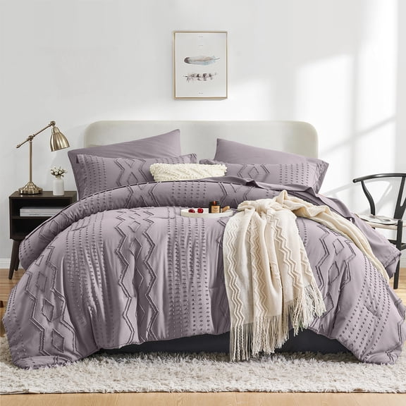 Flymme Twin Comforter Set 5 Pieces Bed in a Bag ,Grayish Purple Shabby Chic Dorm Bedding Set,Modern Farmhouse Bed Set for All Seasons