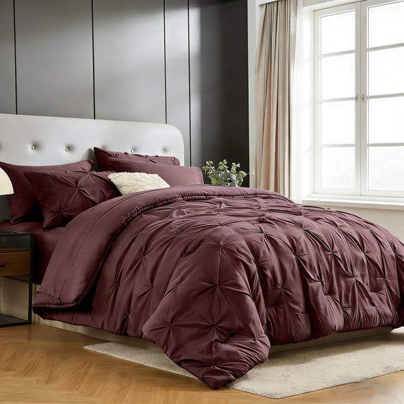 Flymme Twin Comforter Set with Sheets Dusty Plum , 5 Pieces Pintuck Bed in a Bag for Teens Adult Microfiber Pinch Pleat Complete Bedding Set for All Season