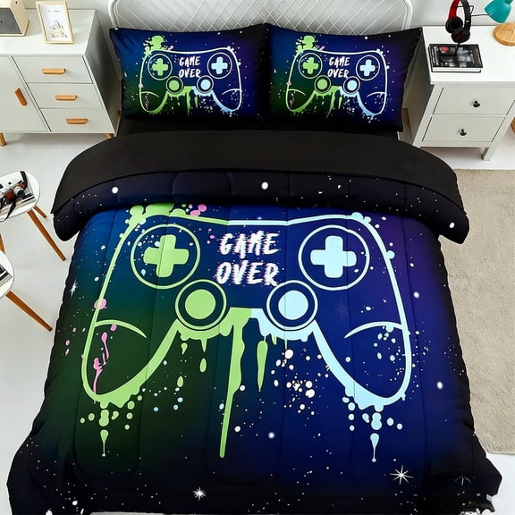 Flymme Twin Gamer Comforter Sets for Teen Boys, 4 Piece Bed in a Bag 3D Video Game Controller Gaming Bedding Sets for Kids Bedrooom Decor