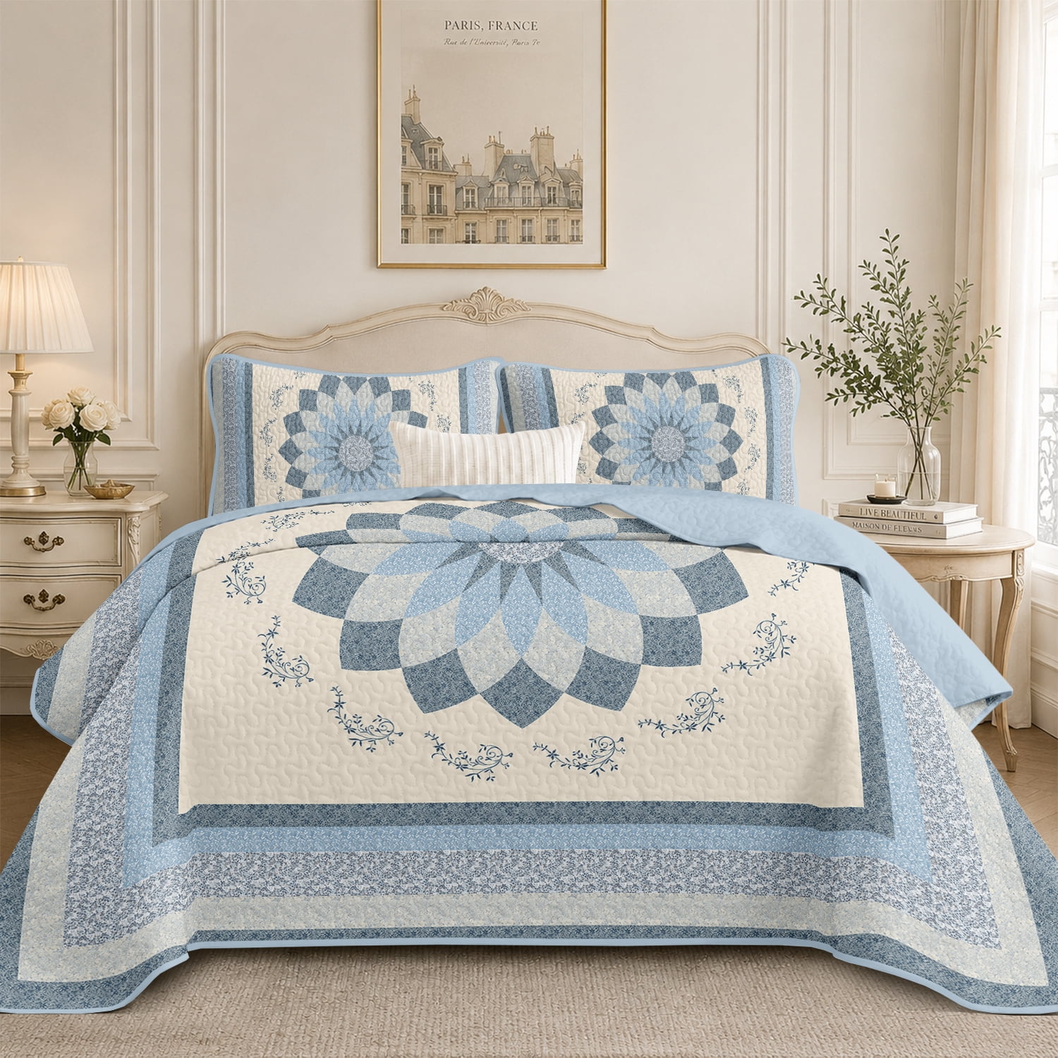 Flymme Twin Quilt Set,2-Piece Blue Floral Bedspreads for Twin Size Beds,Soft Lightweight Bed Cover Bedding Set with Pillow Sham for All Season