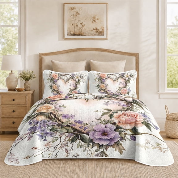 Flymme Twin Quilt Set Romantic Floral Heart Wreath Pattern Bedding Set Soft Microfiber Summer Lightweight Bedspread Coverlet for All Season