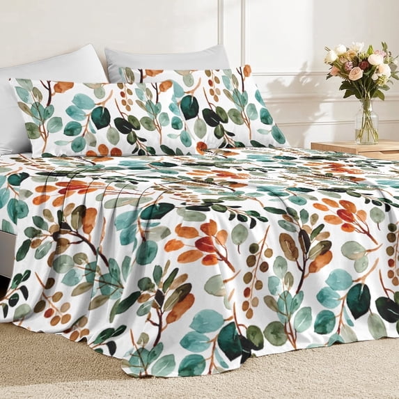 Flymme Watercolor Leaf Sheet Set Twin Size,Teal Green Orange Botanical Print Bed Sheets for Women Teens,Nature-Inspired Boho Bed Set for Bedroom Decor