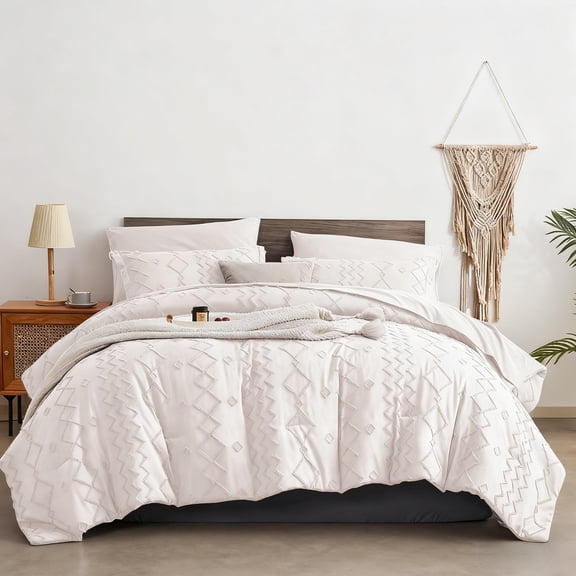 Flymme White Comforter Set Queen Size 7 Piece Bed in a Bag,Shabby Chic Boho Comforter Sets with Sheets ,Soft Microfiber Complete Bedding Set