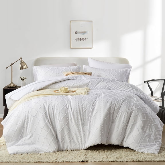 Flymme White Comforter Set Queen Size 7 Pieces Bed in a Bag Shabby Chic Bedding Farmhouse Soft Microfiber Boho Bed Set for All Season