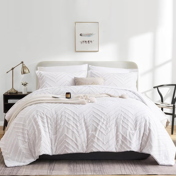 Flymme White King Size Comforter Sets Bed in Bag 7 Pieces Boho Bedding Sets Shabby Chic Soft Microfiber Geometric White Bed Set for All Season