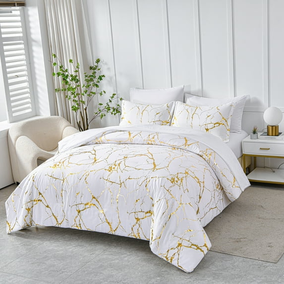 Flymme White Marble Comforter Sets King Size 7 Pieces Bed in a Bag for Bedroom Gold Comforter Set with Sheets Luxury Soft Microfiber Bed Set for All Season