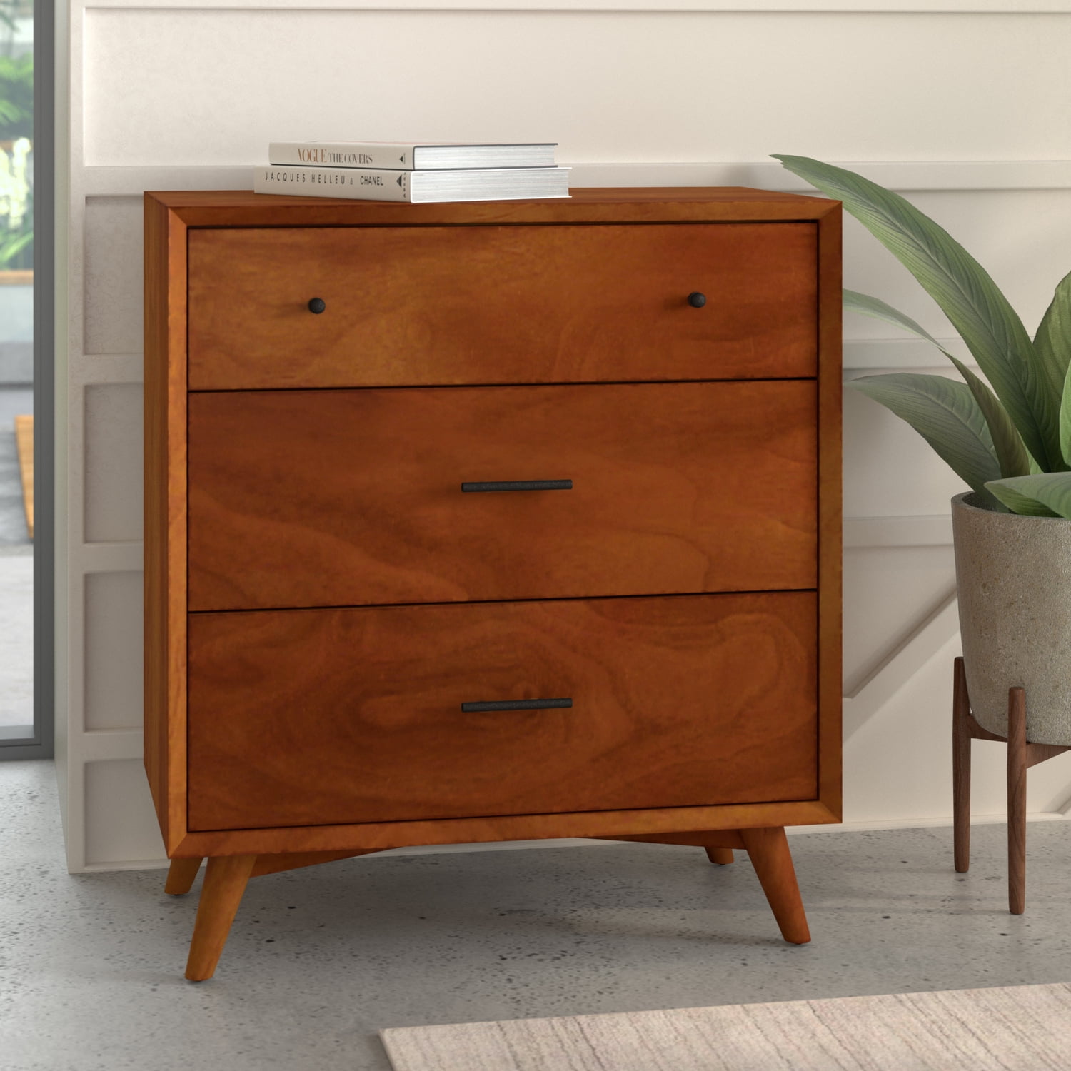 Alpine Furniture Flynn Mid Century Modern 3 Drawer French Bedroom Dresser in Acorn Finish Walmart