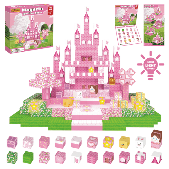 Flynow 100PCS Pink Princess Castle Building Blocks, 3D Cubes Puzzle for Girls, STEM Construction Toy for Kids Ages 3-12, Princess Toys for Kids Birthday Gifts