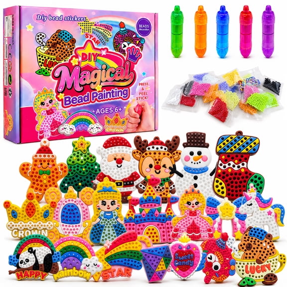Flynow DIY Letter Bead Art & Mosaic Kit for Kids Ages 6-12 Complete Craft Set with 20PCS Colorful Templates Fun Stencils Bead Pens Creative Arts Crafts Activity for Boys Girls