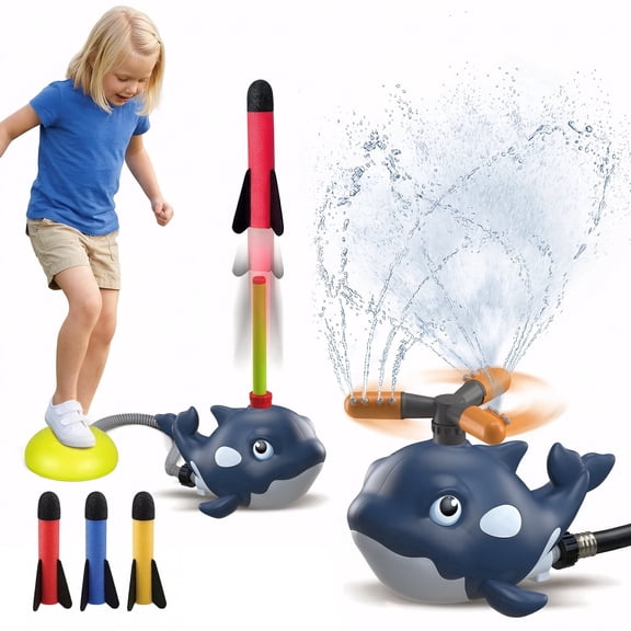 Colorfish Whale 2 in 1 Water Sprinkler Toy Rocket Launcher Set - Outdoor Summer Water Spray Sprinkler for Backyard Lawn Garden Kids Ages 3-12