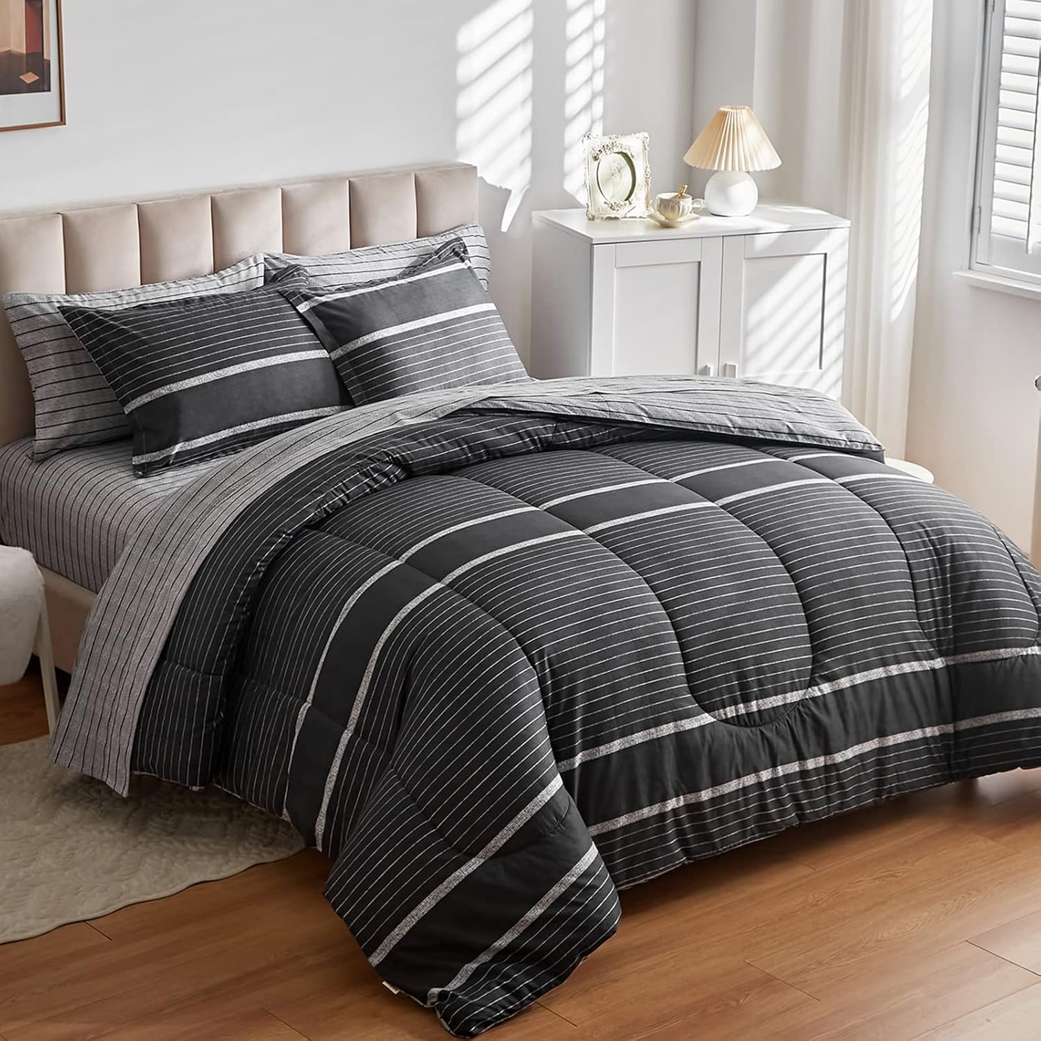 Merryword Luxury Silky Bedding Set - 8 Piece Queen Satin Comforter Set, Cooling, Striped Design