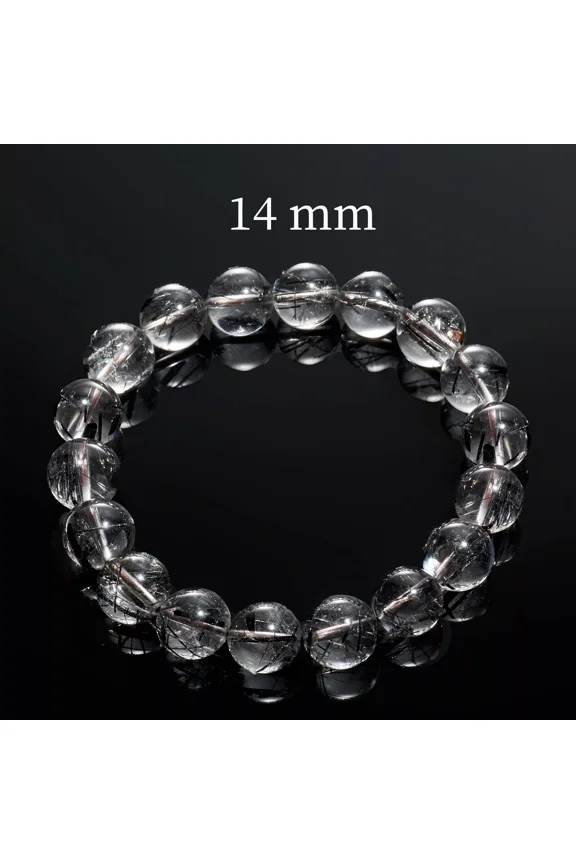 Jewelry Natural Black Rutilated Quartz Crystal Bracelet, Coarse Hair (Bead Dia. 14mm)