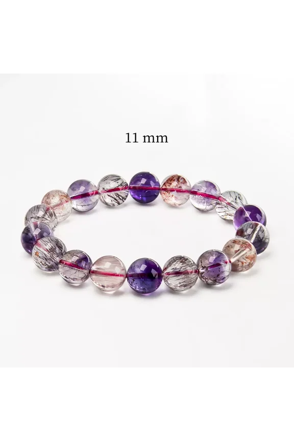 Jewelry Natural Super Seven Crystal Bracelet, Purple Rutilated Quartz (Bead Dia. 11mm)