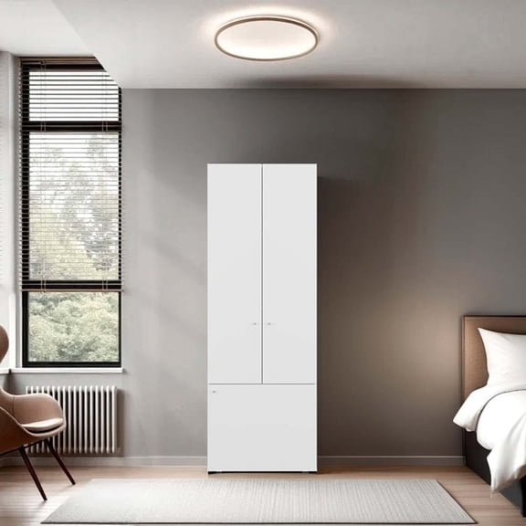 FM FURNITURE Tolleson 3-Door Tall Wardrobe Cabinet with 4 Shelves ? Freestanding Storage Armoire for Bedroom or Entryway, White