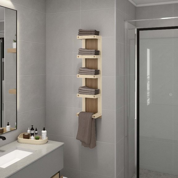 FM FURNITURE Chandler 5-Tier Wall Towel Rack, Slim Vertical Organizer with Shelves for Bathroom, Space-Saving, Natural Oak