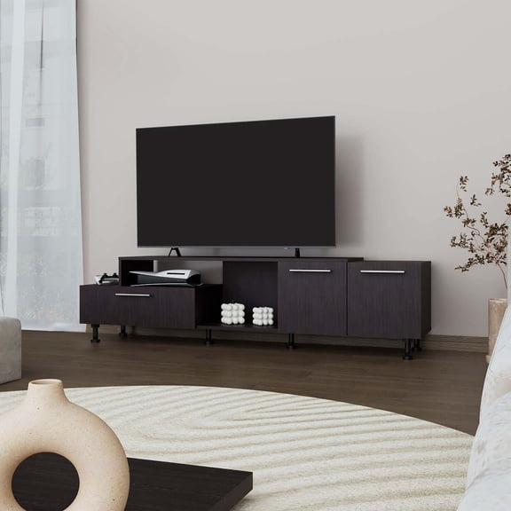 FM FURNITURE Liberty Entertainment Center with Drop-Down Door, Adjustable Legs, Open Storage, and Two Side Cabinets, Wengue