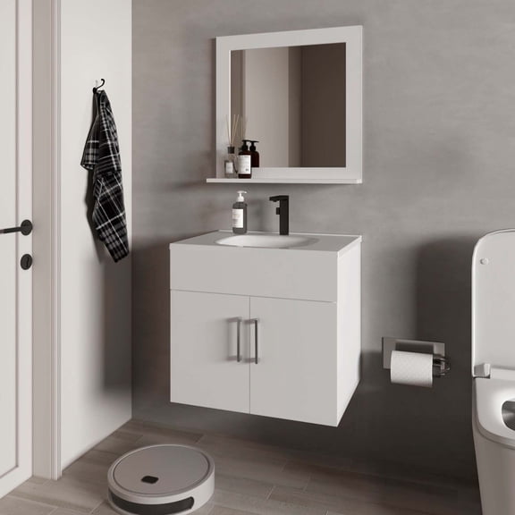 FM FURNITURE Slater Floating Bathroom Vanity Set with Sink, Two-Door Cabinet, and Mirror,White
