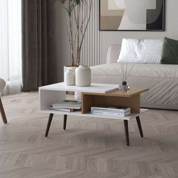 FM FURNITURE Hack Berry Coffee Table with Open Storage and Conical Legs , White Natural Oak