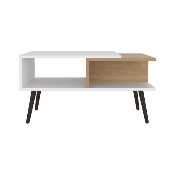 Fm Furniture Hack Berry Coffee Table with Open Storage and Conical Legs , White + Natural Oak