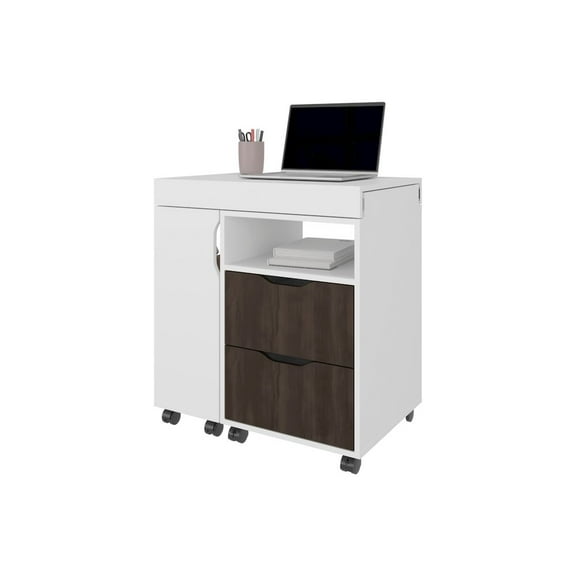 Fm Furniture Loris Extendable Desk with Two Drawers, Open Shelves, and Sliding Mechanism