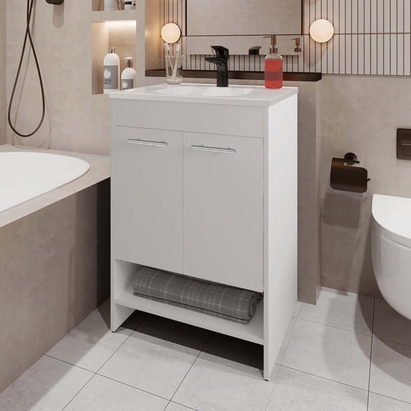FM FURNITURE Shell Bathroom Vanity with 2 Doors and Open Storage, White