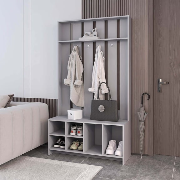 FM FURNITURE Van Hall Tree in melamine, open storage y coat space, smoke