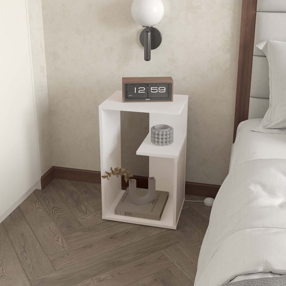 FM FURNITURE Vega Side Table Engineered Wood with Open Storage White