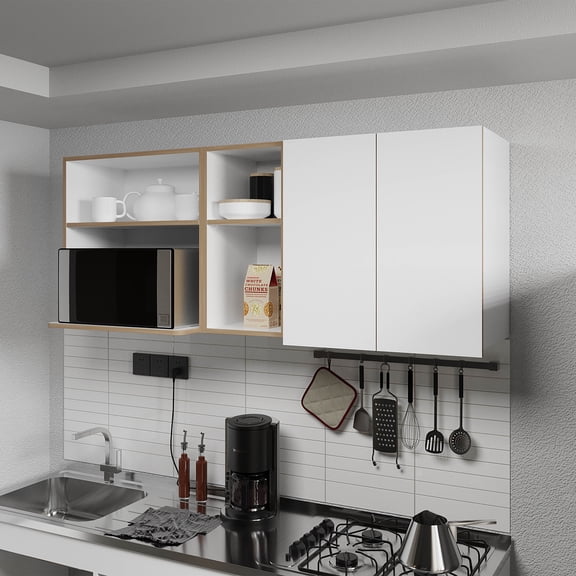 FM FURNITURE Wall-Mounted Kitchen Cabinet with Microwave Space, Open Shelves, and Double Doors ? Natural Oak and White - Storage Cabinet