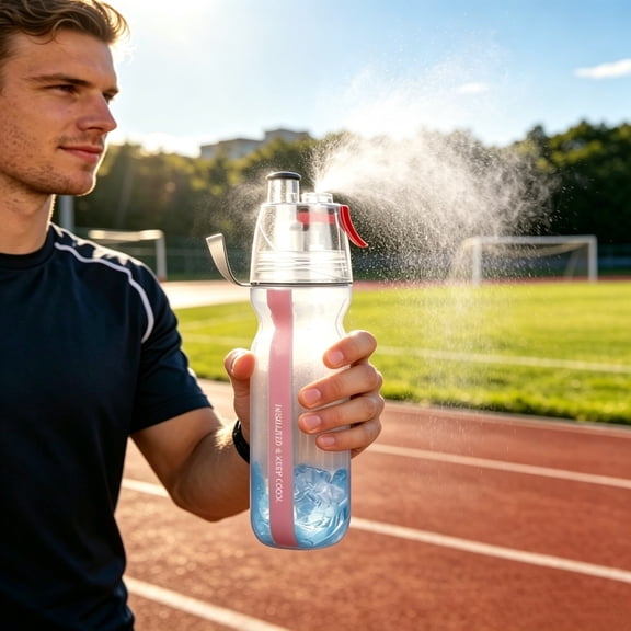 Fmbmuo 17oz Spray Water Bottle with Mist Function, Portable Cooling Sports Cup for Gym Hiking, Pink