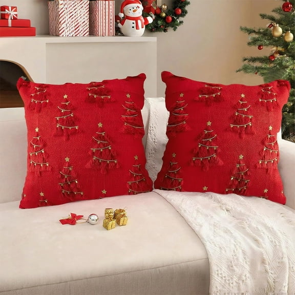 Fmbmuo 18x18 Inch Christmas Pillow Covers Tree and Bells Design Decorative Throw Pillows for Home Living Room Sofa Decor
