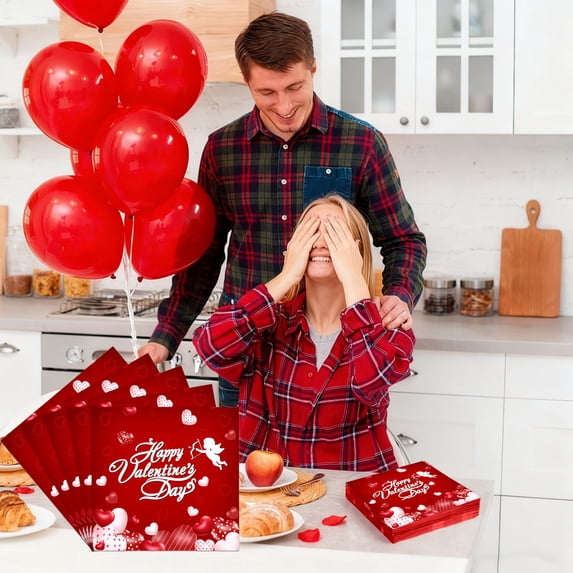 Fmbmuo 20 Pcs Valentine's Day Napkins Herat-shapedPaper Decorations, Red Romantic Leak-Proof Cutlery Set for Romantic Dinner