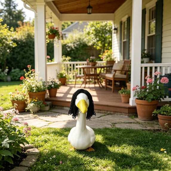 Fmbmuo 23 Inch Porch Goose Wig Funny Braided Hairpiece Weatherproof Outdoor Garden Statue Accessory,Black