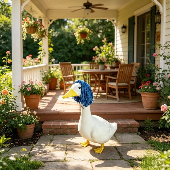 Fmbmuo 23 Inch Porch Goose Wig Funny Braided Hairpiece Weatherproof Outdoor Garden Statue Accessory,Blue