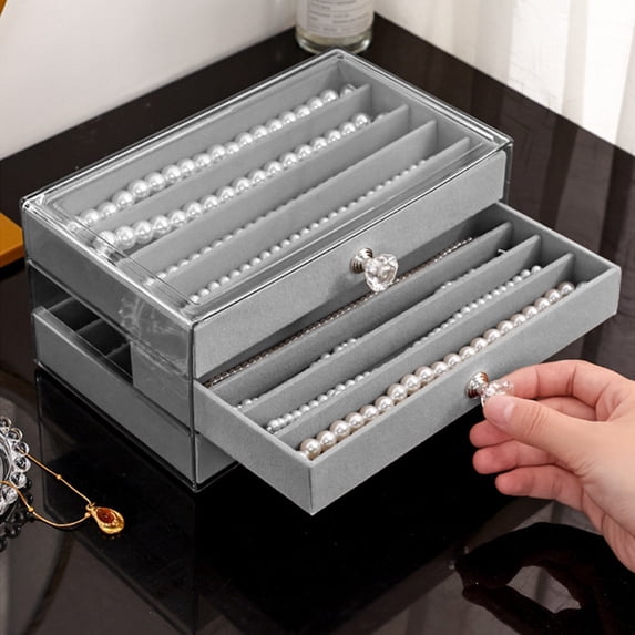 Fmbmuo 3-Layer Jewelry Boxes for Women Stackable with Drawer Gray Valentine's Day Gift, Holiday Plastic Modern Decorative Storage Boxes Display for Earrings Bracelets Rings