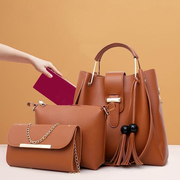 Fmbmuo 3-Piece Handbag Set – Large Tote + Crossbody + Clutch ( Khaki )