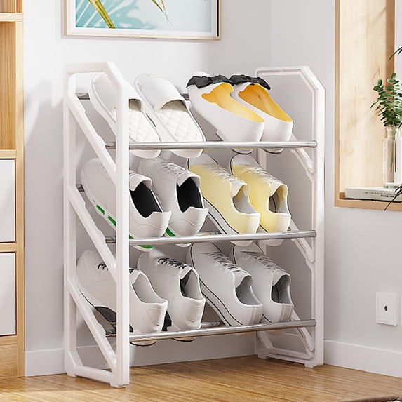 Fmbmuo 3 Tier Shoe Rack for Entryway Freestanding Stainless Steel Organizer, Portable for Entryway and Closet Hallway Art Deco Shoe Rack (White)