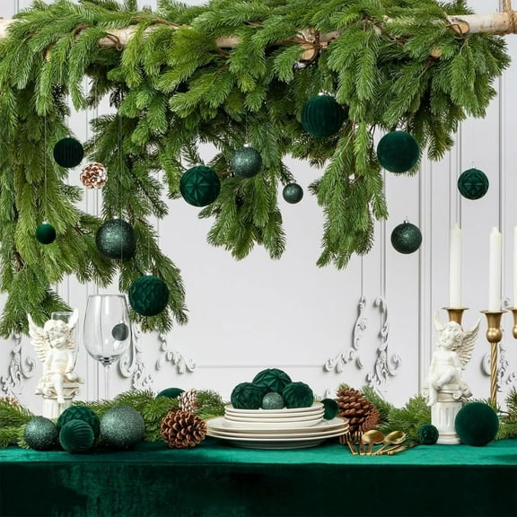 Fmbmuo Velvet Christmas Ornaments Flock 36 piece Unbreakable Christmas Decorations Traditional 2.3-Inch Neutral Green Xmas Tree Decorations