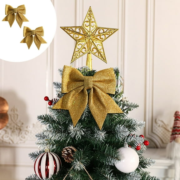 Fmbmuo 4.7-inch Christmas Sparkling Bow - Set of 2, Suitable for Christmas Tree Decorations, Wreaths, and Home Decor(Gold)