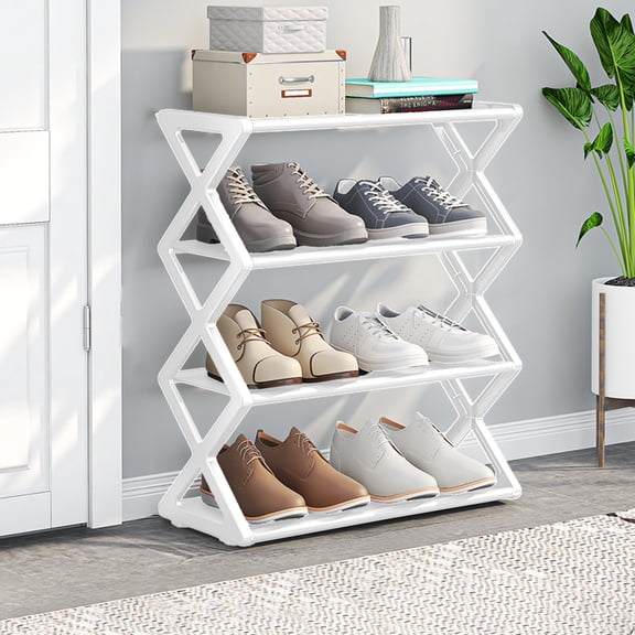 Fmbmuo Shoe Rack Plastic Freestanding 4 Tier Organizer, Minimalist for Entryway, Closet, Easy Assembly Portable Shoe Rack (White)