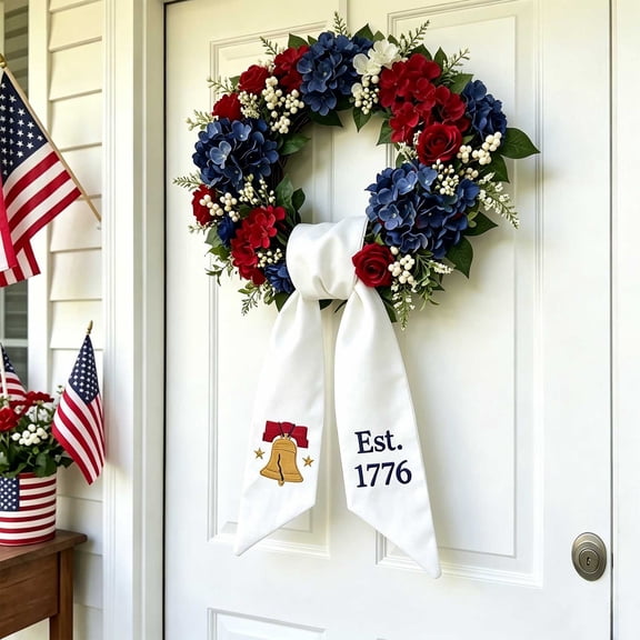 Fmbmuo 4th Of July Independence Day Patriotic Wreath Sash Red White Blue Front Door Bow Ribbon Rural Farmhouses Decor 3.93x55.11 Inch