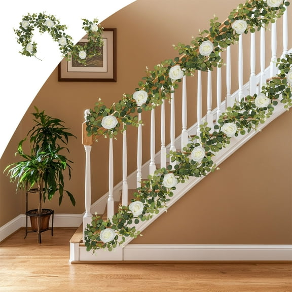 Fmbmuo 6.1 Ft Eucalyptus Garland for Chrismas Stair Railing Decor,Rose Green Flower Garland,Artificial Vines,Decoration Party Garden Thanksgiving Halloween,Green